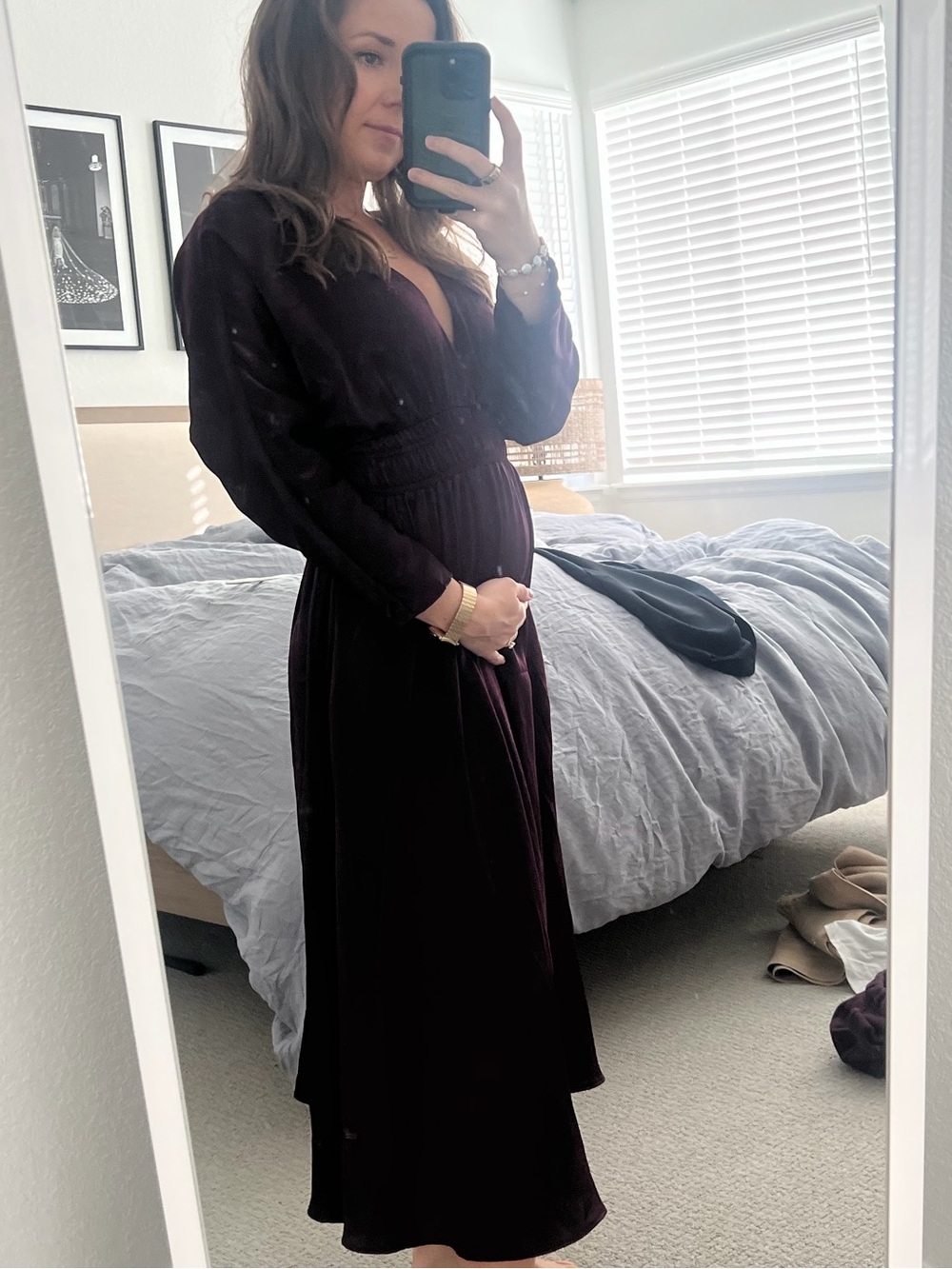 Zara Long-Sleeve V-Neck Midi Dress in Deep Plum